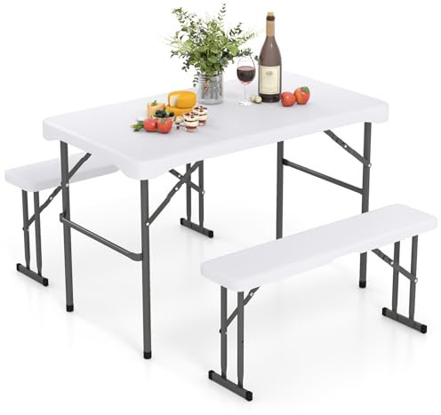 GOPLUS Bierzeltgarnitur klappbar, 3-teilig Set mit Biertisch & 2 Bierbank, Biertischgarnitur aus Kunststoff mit Holzoptik, Festzeltgarnitur Festzeltgarnitur Biergarten Biergarnitur für Camping Party