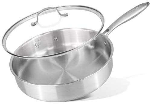 nuovva Stainless Steel Saute Pan with Glass Lid – Induction Hob Non Stick Saucepan – 28cm Frying pan