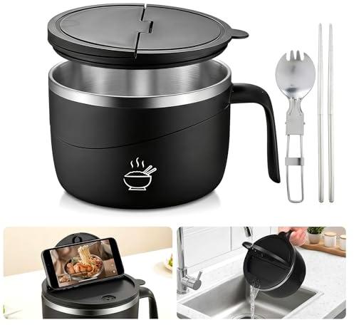 1200ml Ramen Bowl, Stainless Steel Double Layer Noodle Bowl with Lid Handle | Stainless Steel, Bowls Spork Spoon Leak Proof Speedy Cooker Soup Dishwasher Safe for College Dorm Home Office