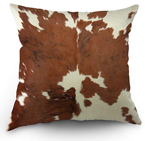 Moslion Rindsleder-Kissenbezug, dekorativer Kissenbezug, Bauernhoftier, braunes Rindsleder-Druck, Kuh-Kissenbezug, 45,7 x 45,7 cm, Baumwolle, Leinen, quadratisch, Kissenbezug für Sofa, Schlafzimmer