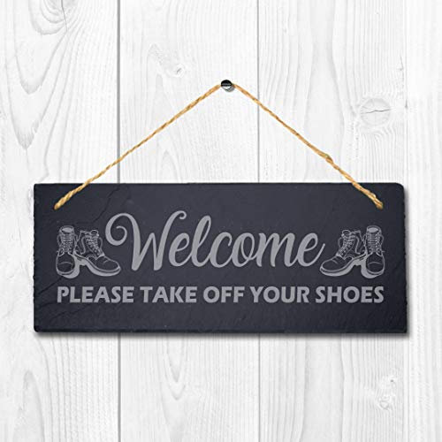 Stukk Welcome Please Take Off Your Shoes Laser Hanging Home Sign, Natural Engraved Slate Stone Plaque, 30x12cm (Large)
