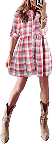 FANCYINN Robe Chemise Vichy pour Femme à Manches Longues Tops boutonnés Tunique décontractée Mini-Robe à Carreaux Rouge et Blanc et Gris L