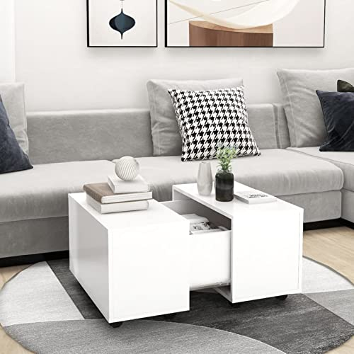 Susany Couchtisch auf Rollen Ausziehbar Stauraum Wohnzimmertisch Beistelltisch Kaffeetisch Sofatisch Spanplatte Weiß 60x60x38 cm
