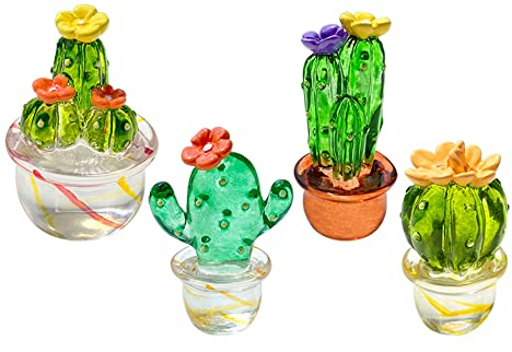 QIANSHENG 4 STÜCKE Handgefertigte mundgeblasene Glaskunst Kaktus Niedliche Kristall Miniatur Kaktusfiguren Home Office Schreibtisch Tabletop Simulation Pflanzen Dekorationen Auto Innen Ornamente