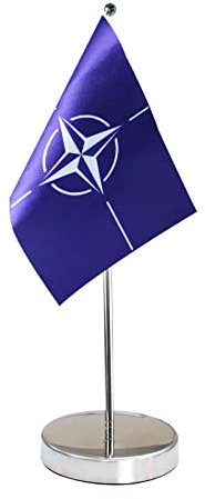 Bandiera da tavolo della NATO, 22,9 x 15,2 cm, bandiera da scrivania per l'organizzazione del trattato dell'Atlantico del Nord, include base in acciaio inossidabile e asta regolabile