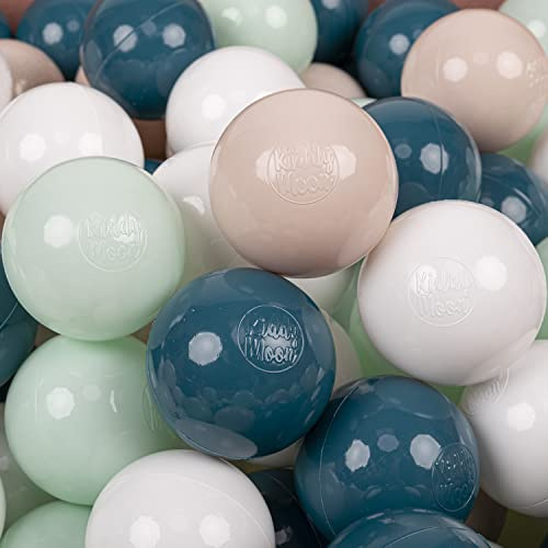 KiddyMoon 100 Bälle/7Cm Kinder Bälle Spielbälle Für Bällebad Baby Einfarbige Plastikbälle Made In EU, Dunkeltürkis/Pastellbeige/Weiß/Minze