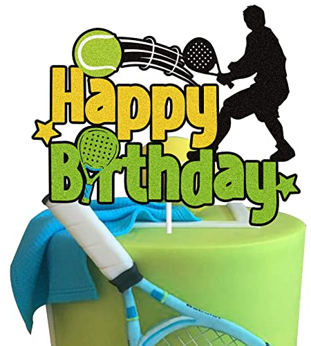 LINGBOOM Tennis Happy Birthday Cake Topper - 1pc, Black, Gold Metallic, 3.7x3.7 Inches, Cardstock, Birthday Occasion