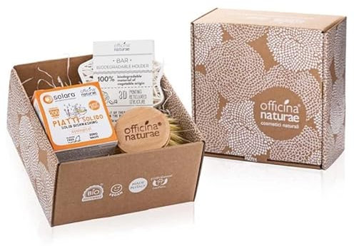 Officina Naturae Gift Box avec détergent vaisselle solide orange solaire 180 g + brosse pour assiettes en fibre végétale et bois + porte-savon solide compostable végétalien