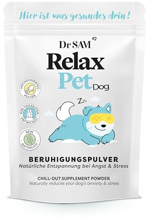 Dr. SAM Premium Anti-Stresspulver für Hunde - RelaxPet als natürliches Beruhigungsmittel für Entspannung bei Angst & Stress - Ruhe beim Reisen und besonderen Anlässen - hochdosiert - 45g