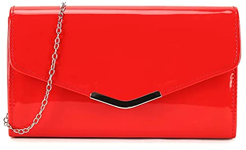 UShopUK Handtasche / Schultertasche, einfarbig, Lackleder, für Hochzeit, Abend, Party, Clutch, rot, medium