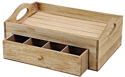 matches21 Praktische Teebox Holz mit 7 Fächer - Teebox für Teebeutel mit Holztablett - Serviertablett eckig Teebeutelaufbewahrung braun 30x20 cm