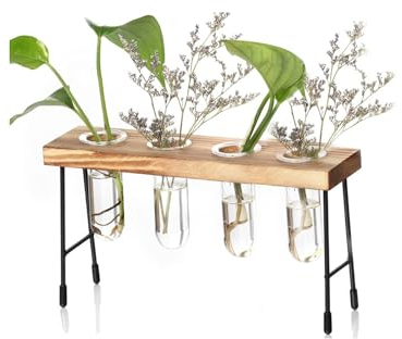 Innjoii Desktop Plant Planter Propagation Station Glass Flower Pot Small Bench with Retro Solid Wood 4 Test Tube Vase Metal Holder for Hydroponics Wedding Indoors Home Office Garden Decor Cafe Desk