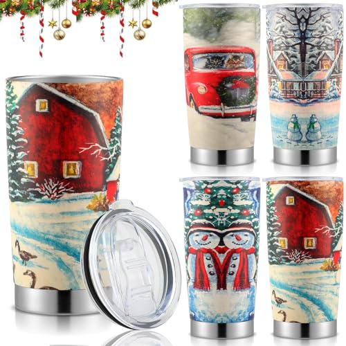 Hushee 4 Stück Weihnachtsbecher mit Deckel und Strohhalm Weihnachten Edelstahl Becher 590 ml Reisebecher Weihnachtsgeschenke Bauernhaus Schneemann Weihnachten Tasse Bulk Weihnachtsdekoration für