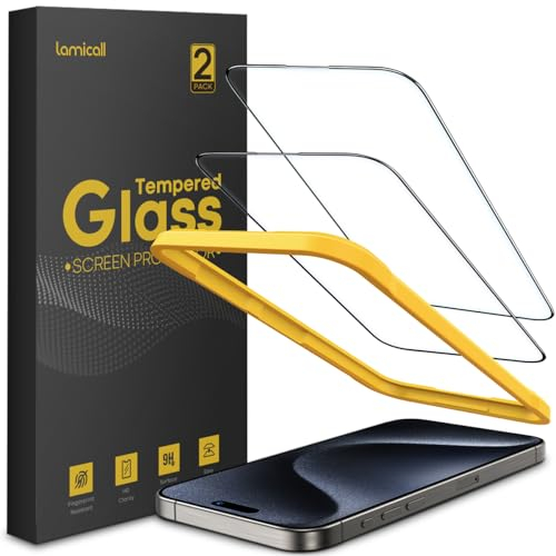 Lamicall Protector Pantalla para iPhone 15 Pro Max, Cristal Templado Dureza 9H, Película Antiarañazos, Antihuellas, Ultra Transparente, Sin Burbujas, con Marco de Alineación de Tecla - [2 Piezas]