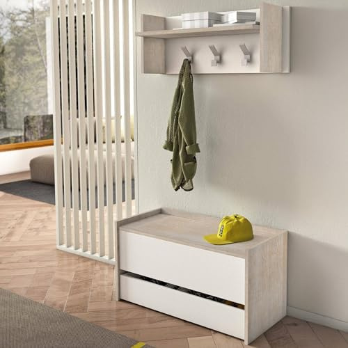 Dmora - Eingangsmöbel Brionia, Moderner Eingangsbereich mit Kleiderbügel, Schrank mit Schuhregal, Multifunktionsschrank, 50x32h182 cm, Eiche und Weiß,