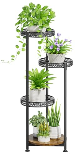 KAZITOO 4-Tier Metall Pflanzenständer Topfständer, Ecke Pflanzenhalter Blumenregal für mehrere Pflanzen, modernes Pflanzen Display Rack mit Holzplatte für Büro Garten Balkon Patio, rund