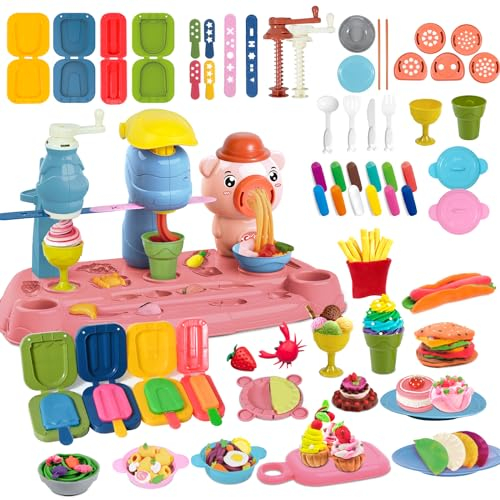 JONRRYIN Knete Zubehör Knete Dough Set für Kinder, 47 Stück Spielteig-Set mit 10 Modelliermasse, Nudel Eiscreme Spielset mit Knetwerkzeug, Spielzeug Geschenk Spielen mädchen Junge 2-10 Jahre (Pig)