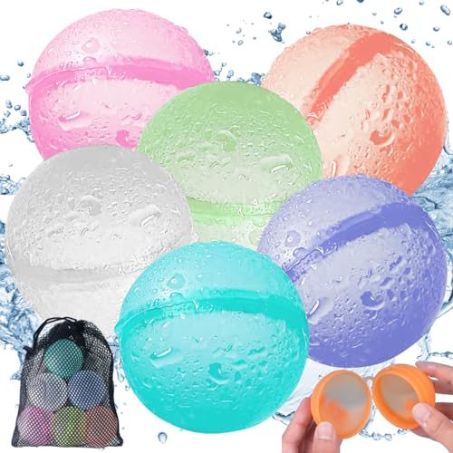 6 Stück Wasserbomben Wiederverwendbar, Wasserballons mit Mesh Tasche, Wasserbomben Bälle, Wasserbälle, Schwamm Ball, Wasserspielzeug für Kinder, Erwachsene, Strand, Poolparty, Wasserpark