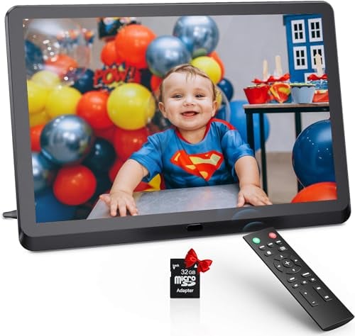 FamBrow Digitaler Bilderrahmen 10 Zoll mit 32GB SD, Neues UI Design Bilderrahmen Elektronisch mit Fernbedienung, Video/Musik/Bild-Wiedergabe, Wecker/Billboard/Uhr Funktionen, Geschenk(Non-WiFi)