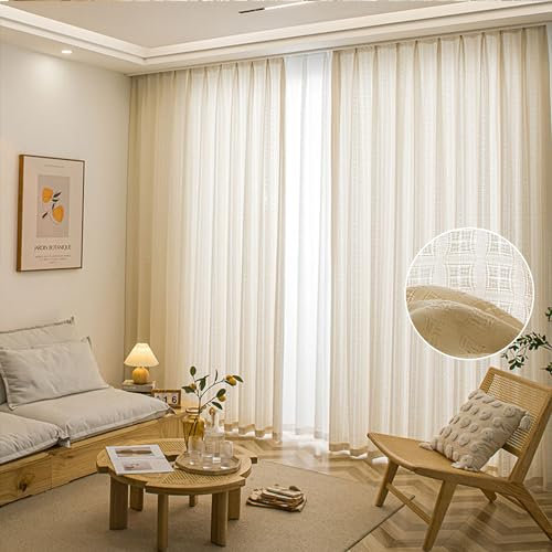 Freyamy Boho Voile Gardinen,Tüll Vorhang Karomuster Landhausstil mit Kräuselband,Beige Atmungsaktiv Vorhänge Muslin Halbtransparent für Wohnzimmer Vintage Vorhang 260x150 cm (HxB) 2 Stück