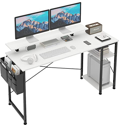 CAIYUN Computer Desk Table with Monitor Stand & 2-Tier Adjustable Storage Shelves, 140cm Office Workstation,Study Writing Gaming Desk for Home Office, White