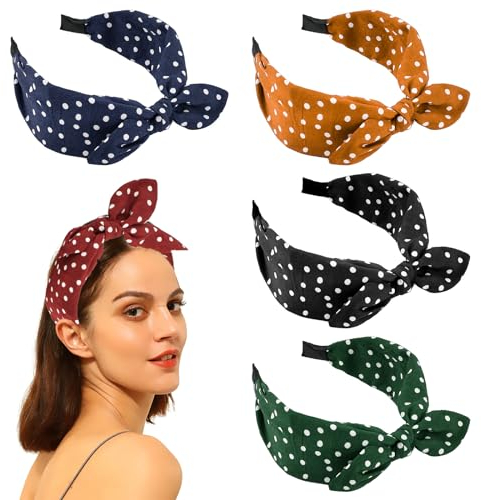 NAROSEBE 5 Stück Punkte Haarband Vintage Schleife Haarreifen Breit Polka Dot Haarschmuck Stirnband mit Punkten Rockabilly Kopfband Süß Haarbänder mit Schleifen für Damen Mädchen Geschenk,5 Farben