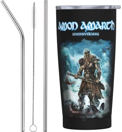 PDNMIJHD Amon Amarth Isolierbecher aus Edelstahl, Reisebecher, Trinkbecher mit Deckel und Strohhalm
