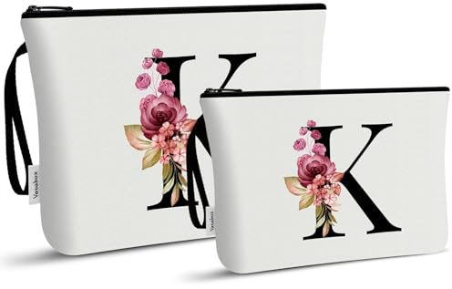 Vavabox 2-Teiliges Kulturbeutel Set,Personalisierbare Kosmetiktasche, Geburtstagsgeschenk Für Frauen (K, weiß)