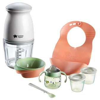 Tommee Tippee Quick-Chop Mini Baby Food Blender and Chopper + Weaning Starter Kit with Toddler Feeding Bowls and Spoons, Silicone Bib, 100% Leak-proof Weaning Sippy Cup and Food Storage Pots, 4m+