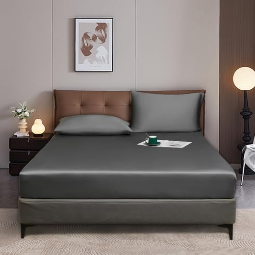 Luofanfei Spannbettlaken 140x200 Grau Anthrazit Boxspringbett Frottee Glänzend Sommer Kühlend Bambus Microfaser Bettlaken Uni Spannbetttücher für Hohe Matratze bis 25-30 cm