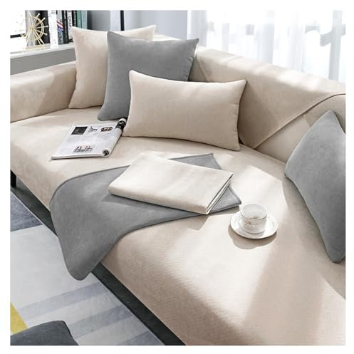 CJJZFO Sofa Überzug Weiche Chenille Sofabezug: Hund Katze Sofaschoner Anti Rutsch Vintage Couch Überzug für U Form L Form Sektionssofa für 1 2 3 4 Sitzer Sofa (Beige, 90 * 210cm)
