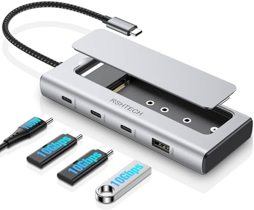 RSHTECH M.2 NVMe/SATA SSD Enclosure, 5-in-1 Aluminum 10Gbps USB C Hub with 3 USB 3.2 Data Ports (2C+1A), 100W PD and M2 SSD Docking Station, External USB-C to M.2 Caddy for Laptops (RSH-D05P)
