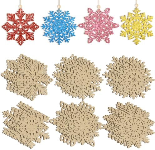 24 Stück Weihnachten Holzanhänger, Schneeflocke Christbaumschmuck Holz, Basteln Kinder DIY für Deko Weihnachtsschmuck Geschenkanhänger