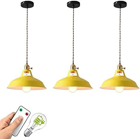 Iluminación colgante moderna para isla de cocina, paquete de 3 luces colgantes que funcionan con pilas con 400 lúmenes, bombillas recargables con control remoto, color rosa y amarillo, opciones