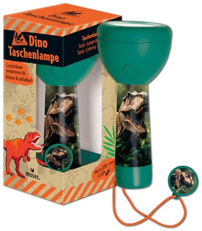 moses. Dino Taschenlampe, kompakte und robuste Kindertaschenlampe mit 4 LEDs, wiederaufladbare Akku Taschenlampe mit Dinosaurier Anhänger, Geschenk für Kinder ab 4 Jahren