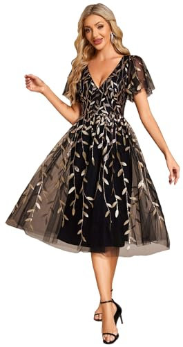 Ever-Pretty Prom Dress Leaf Sequin Short Sleeve Tulle Midi Wedding Guest Dress Black Glod 24UK