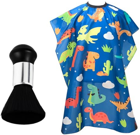 Kaslaider Kids Hair Cutting Cape, Waterproof Children Salon Cape Apron, Adjustable Neckline Hair Cutting Cover, Cartoon Dinosaur Hairdresser Cape with Neck Duster Brush for Boys Girls