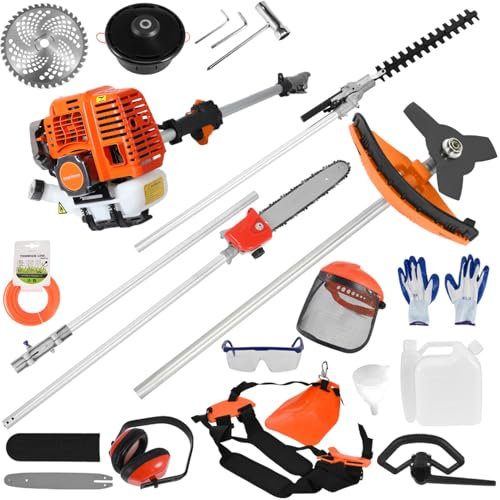 5 in 1 Garden Multi Tool, 52cc 2-Stroke Petrol Garden Strimmer, Petrol Hedge Trimmer Long Reach Pole Saw, Brush Cutter & String Trimmer with 3/40-tooth Blade, Outdoor Grass Trimmers for Lawn Yard