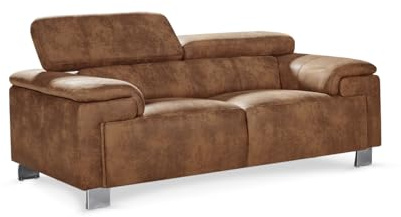 Luxury Faux Leather 2 Seater Sofa with Click Clack Headrests - Italian Design with Plush Padding, Chrome Legs & Solid Wood Frame - Tan Brown Leather Look Sofa for Living Room, Reception, Office