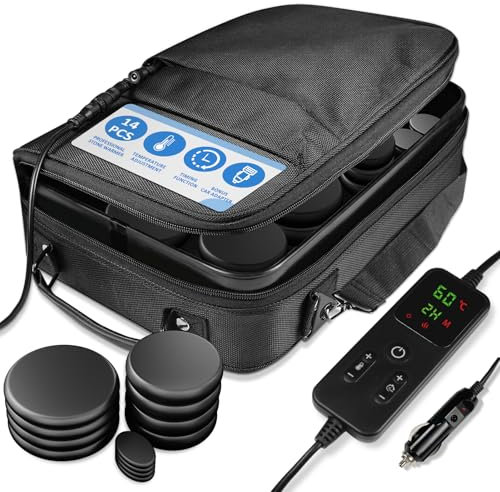 Calentador profesional de piedras calientes, juego de calentadores de piedras de masaje, set de masaje eléctrico portátil, 14 piedras de masaje calientes de basalto, para terapia de masaje, relajación