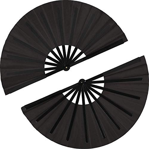 CAIONPLE 2 Piezas Gran Ventilador Plegable Tela de Nylon Ventilador Plegable de Mano Tai Fan Decoración Negro Fold Fan de Mano para Fiesta Favores