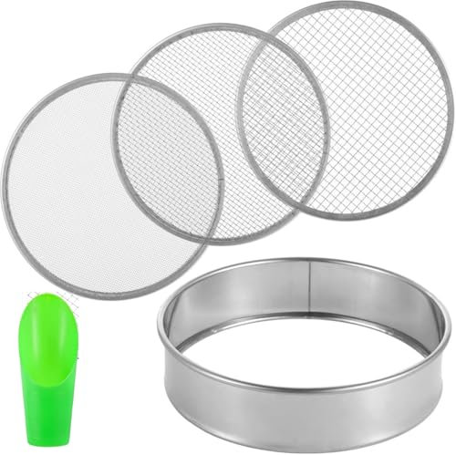 10in Soil Sifter Garden Riddle Sieve Set, Contain 3 Sieve Mesh, Gardening Sieve for Soil and Stones,Fine Mesh Sieve for Topsoil, Metal Dirt Strainer Dirt Trapping Beach Sand Gravel Sift