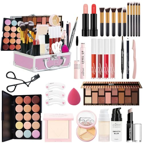 Holzsammlung All-in-One Kosmetik Schmink Kit für Gesicht, Augen und Lippen, Multifunktions Make-up Geschenkset mit Lidschatten Palette, Lippenstift, Concealer, Grundierung, Mascara, Pinsel - Kit 158