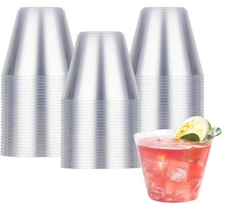 50PCS 9oz Clear Plastic Cups for Party, Reusable Gold Cups, Plastic Cocktail Glasses for Wedding Thanksgiving Christmas and Parties
