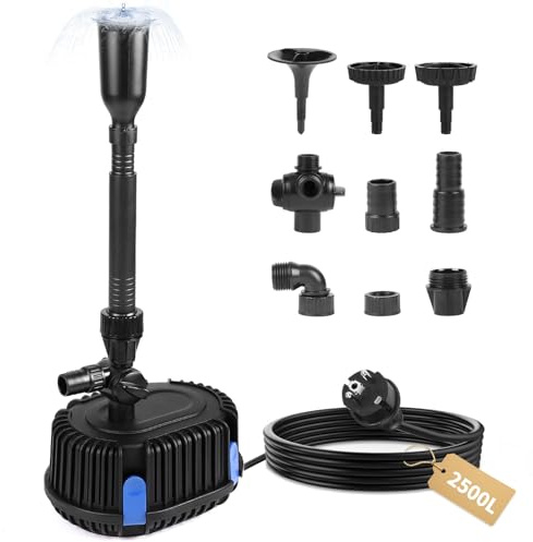 DBREAKS Springbrunnenpumpe 2500L/H 2,7M, Teichpumpe 45W, Bachlaufpumpe | Wasserspielpumpe, Springbrunnen Pumpe mit Filter Schwamm, Teichfilterpumpe für Teich, Fontäne, Gärtenbrunnen, Wasserfall