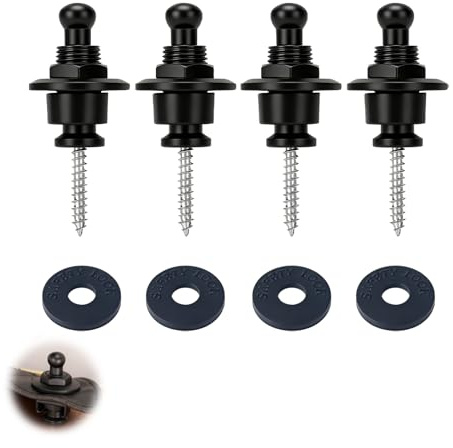4 Stück Gitarrengurt Schlösser, Gitarrengurt Knöpfe aus robustem Metall mit 4 Silikon Unterlegscheiben für Akustikgitarre, E-Gitarre, Bassgitarre und Ukulele – Schwarz