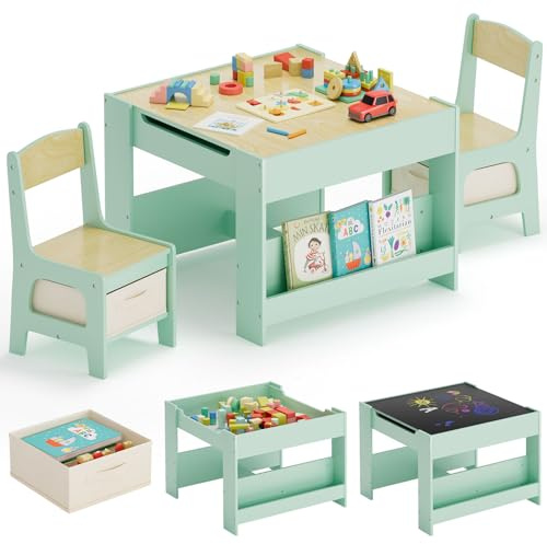 MAMIZO Kindertisch mit 2 Stühlen, 3 in 1 Kinder Tisch Stuhl Set,Kindermöbel | Kindersitzgruppe aus Holz mit Stauraum & Bücherregalen, Spieltisch, Maltisch, mit wendbarer Tischplatte, ab 3 Jahren, Grün