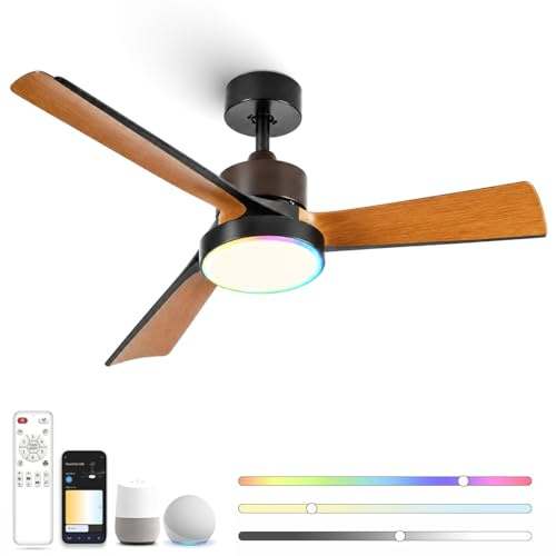 132 CM Ventilatori da Soffitto con Luci e Telecomando RGB Regulable Ventilador Techo con Luz, Compatibile con Alexa Google App, 3 Pale Reversibili, 6 Velocidades, per Camera da Letto Soggiorno, Negro
