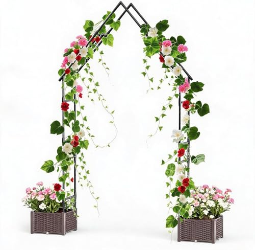 Aptliton Rose Arch with Planters 240 cm High - Metal Trellis Garden Gate Pointed Tower Archway Weatherproof for Climbing Roses Clematis, Black 200 x 40 x 240 cm