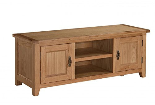 Stirling Solid Oak With Oak Veneer TV Unit Straight With 2 Doors & 1 Shelf, Antique Brass Handles,1340W x 450D x 500H, Living Room Furniture